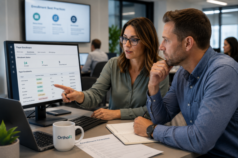 Two revenue cycle professionals review payer enrollment and EFT/ERA payment settings on a computer monitor in a modern office.