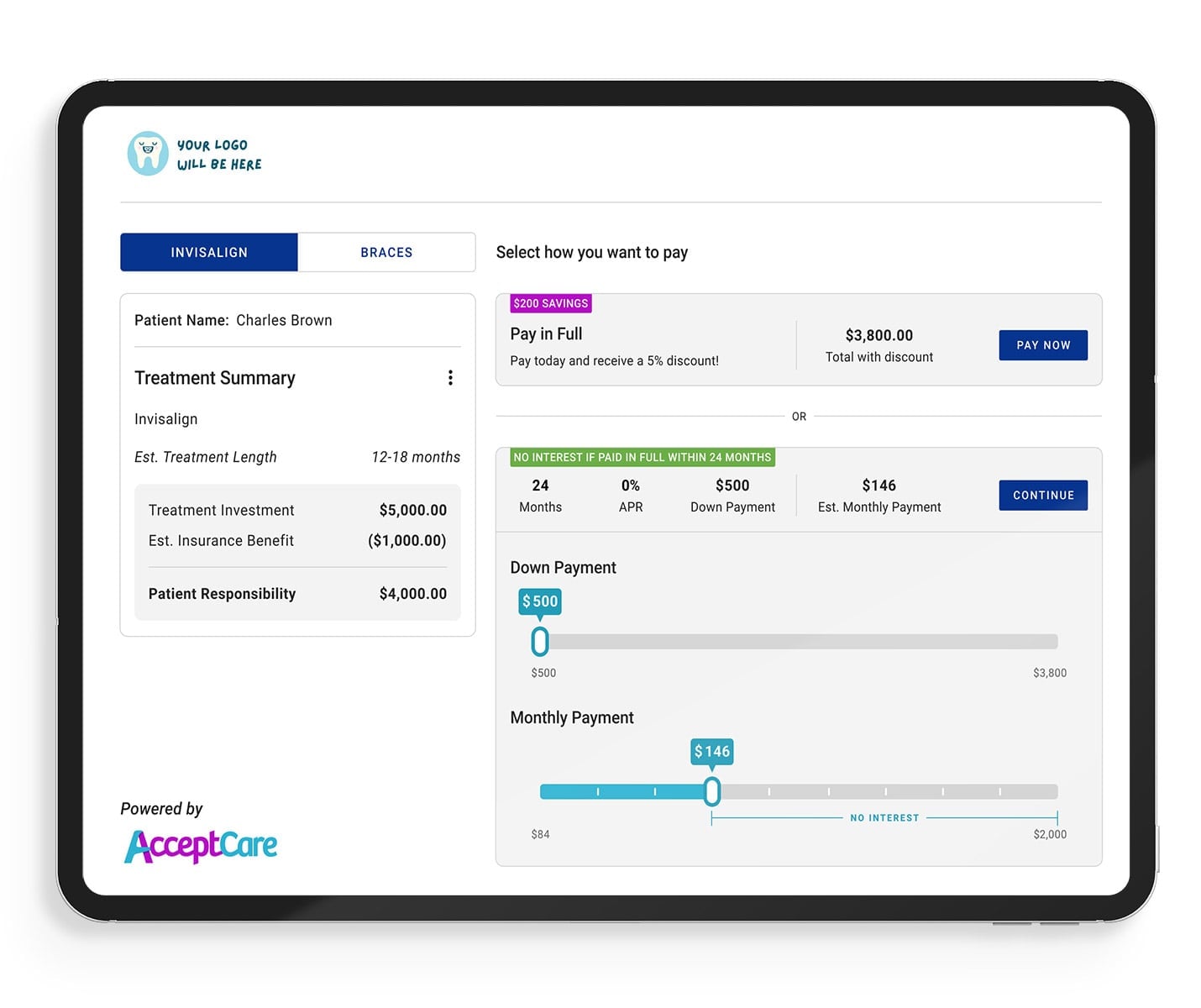 AcceptCare monthly payment slider shown on a tablet
